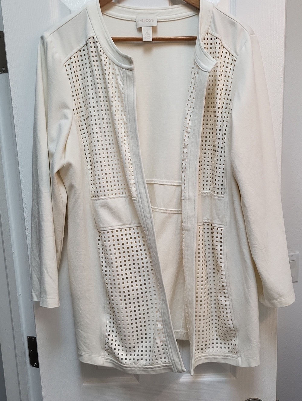 Chico's Cream Open-Front Perforated Laser-Cut Blazer